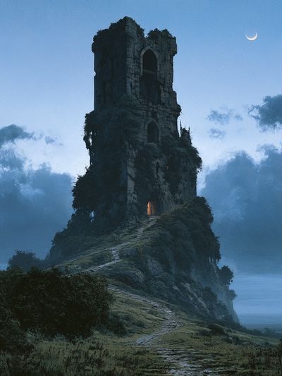 Moonlit Ruin Tower — Fantasy Print. poster