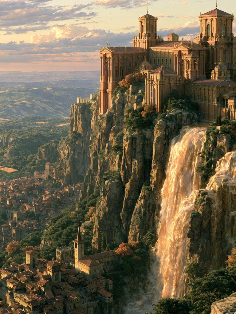 Cliffside Cathedral Fantasy Landscape Print. poster — illustration art
