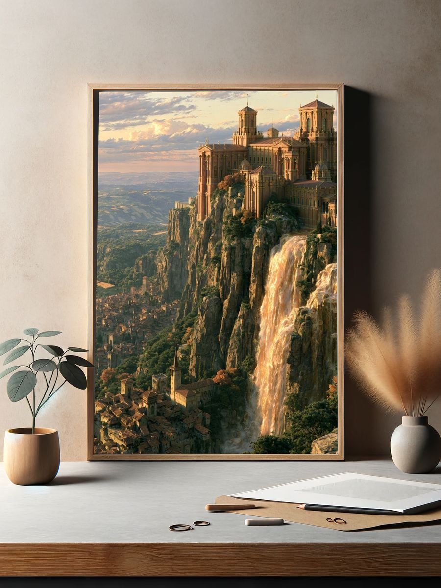 Cliffside Cathedral Fantasy Landscape Print. — room view 2