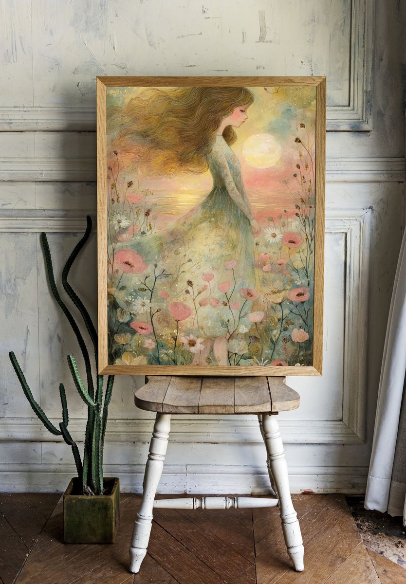 Dreamy Floral Girl Illustration Poster. room preview