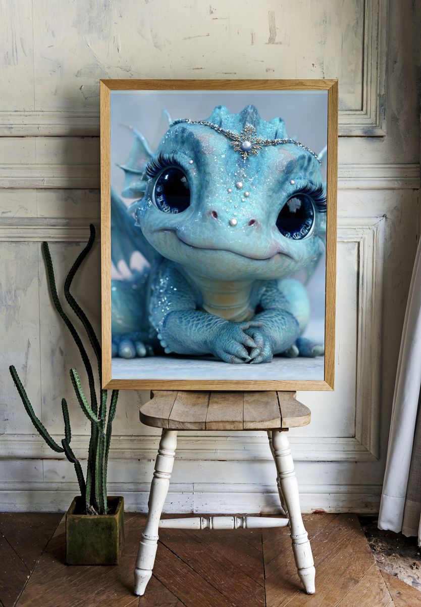 Blue Baby Dragon Illustration Poster room preview