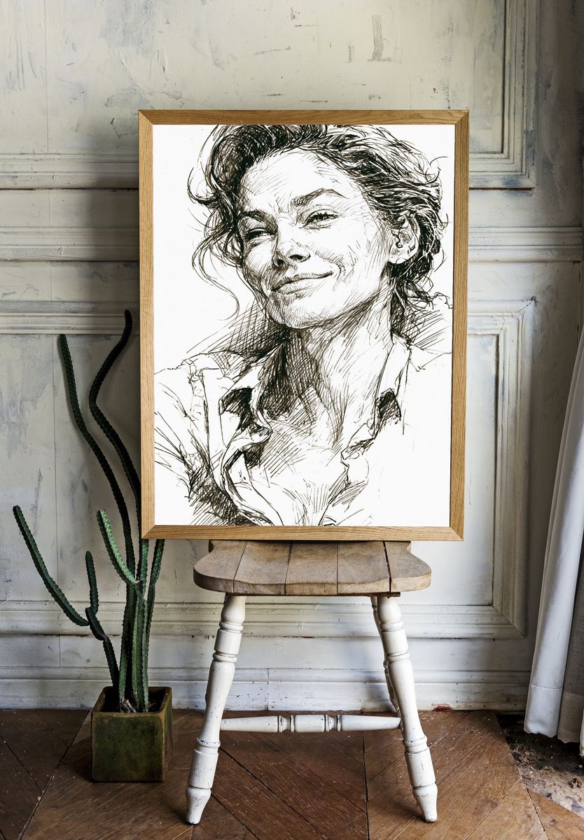Smiling Woman Sketch Portrait Print. room preview