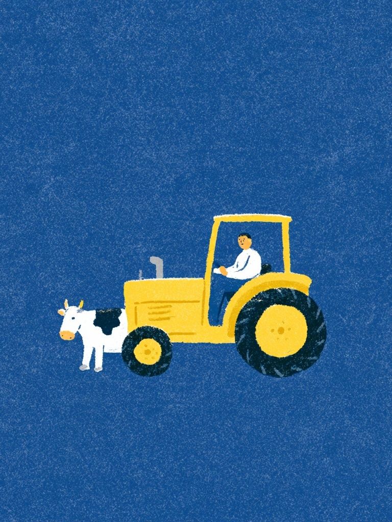 Yellow Tractor and Cow Illustration Poster. poster — illustration art