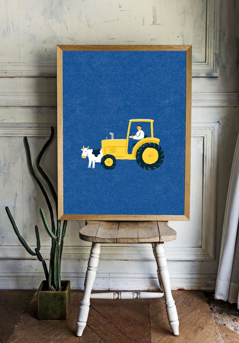Yellow Tractor and Cow Illustration Poster. room preview