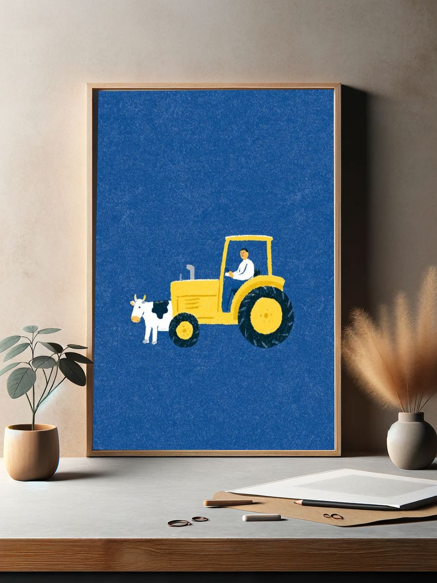 Yellow Tractor and Cow Illustration Poster. — room view 2