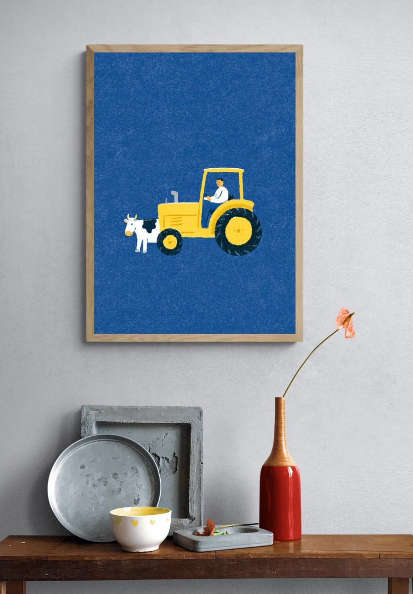 Yellow Tractor and Cow Illustration Poster. — room view 3
