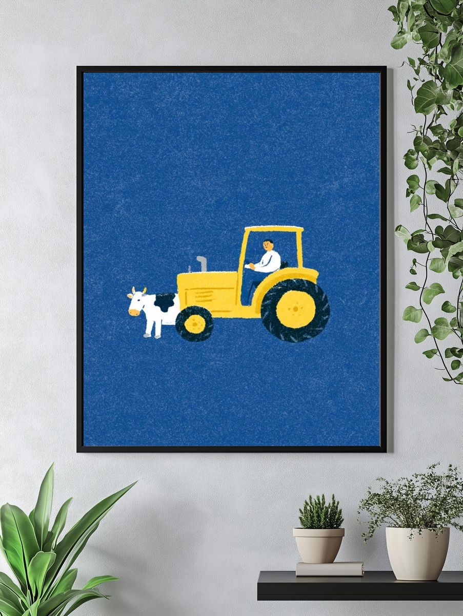 Yellow Tractor and Cow Illustration Poster. — room view 4