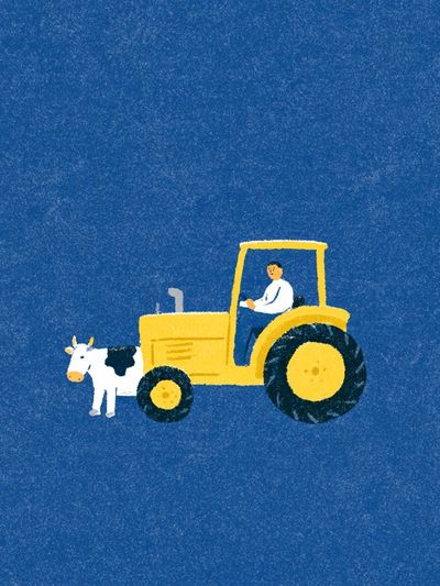 Yellow Tractor and Cow Illustration Poster. poster