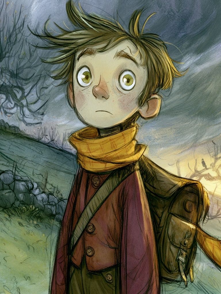 Whimsical Boy in Stormy Landscape Print. poster detail
