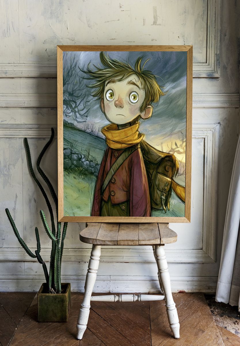 Whimsical Boy in Stormy Landscape Print. — room view 1
