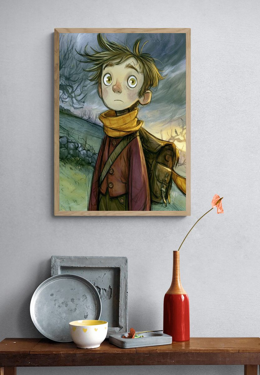 Whimsical Boy in Stormy Landscape Print. — room view 3