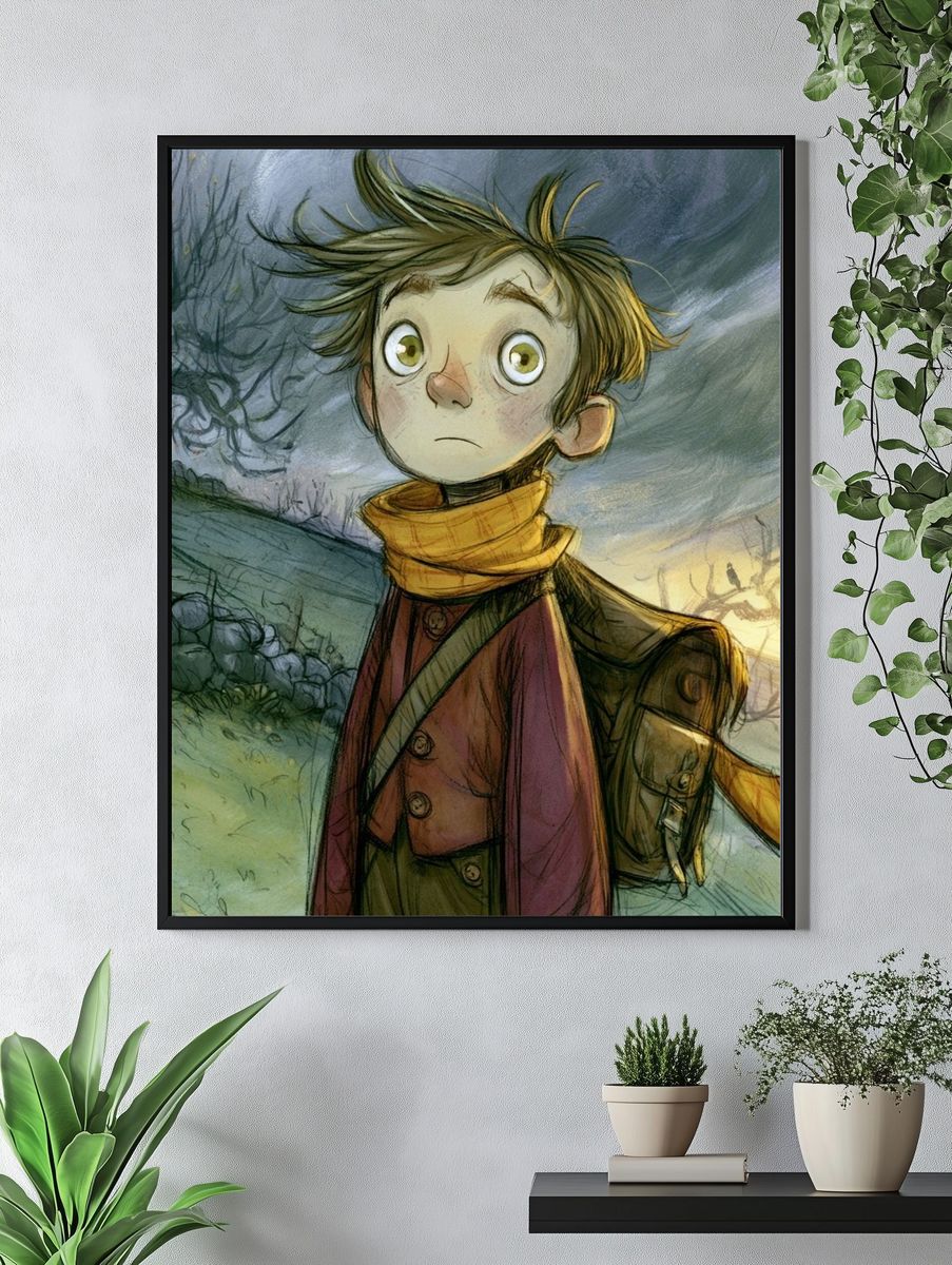 Whimsical Boy in Stormy Landscape Print. — room view 4