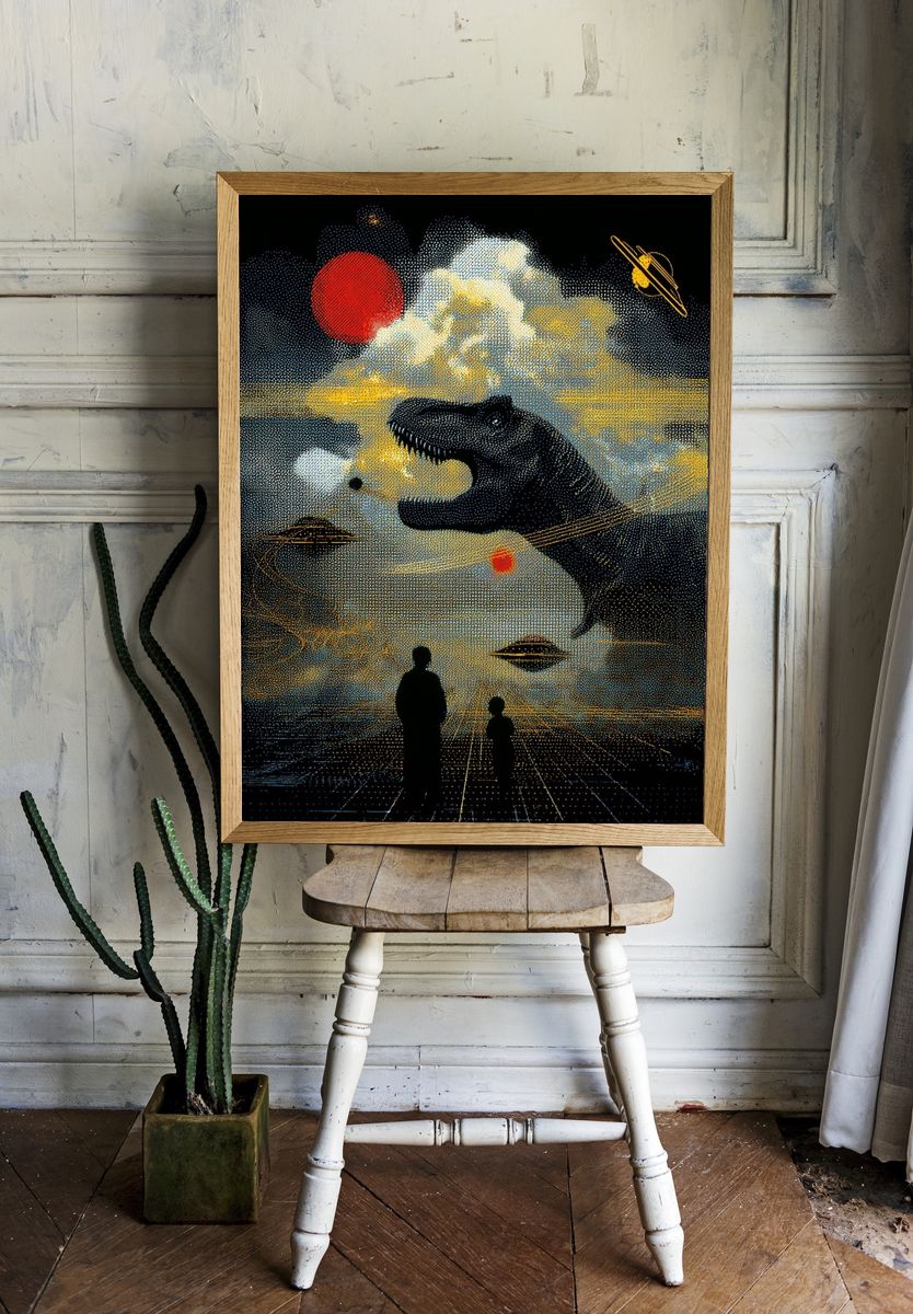 Dinosaur and Space Surrealism Poster. room preview
