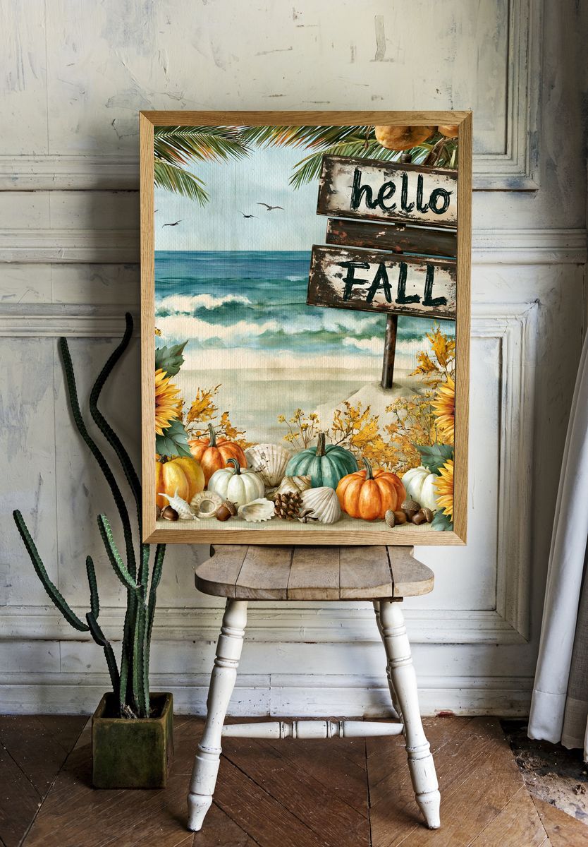 Hello Fall Beach Sign Poster. — room view 1