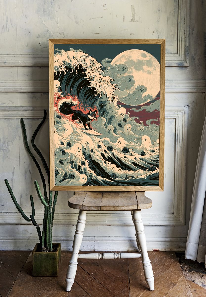 Fox Surfer Moonwave Illustration Poster. — room view 1