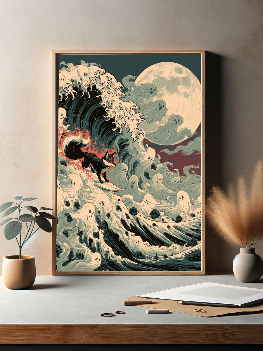 Fox Surfer Moonwave Illustration Poster. — room view 2