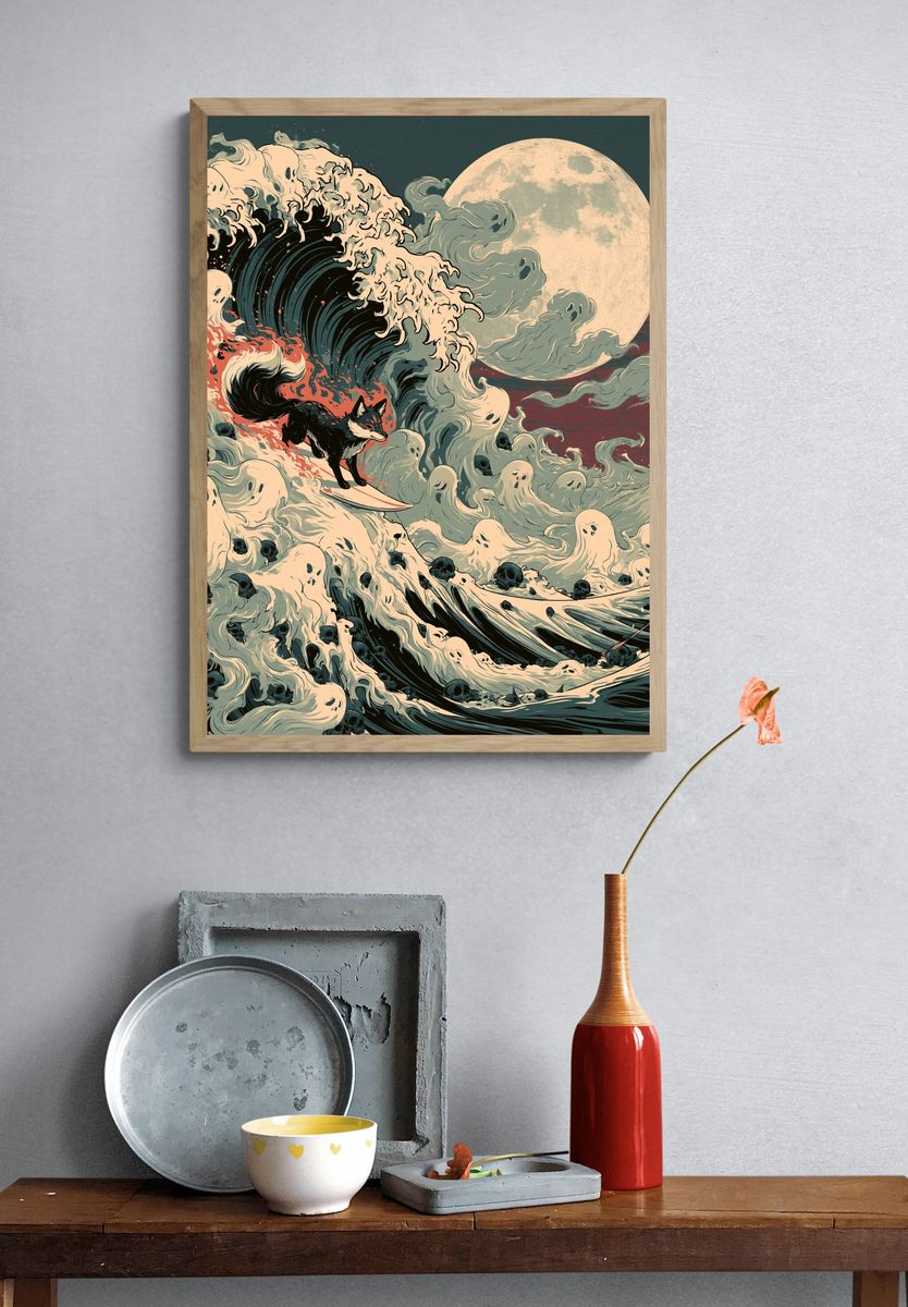 Fox Surfer Moonwave Illustration Poster. — room view 3