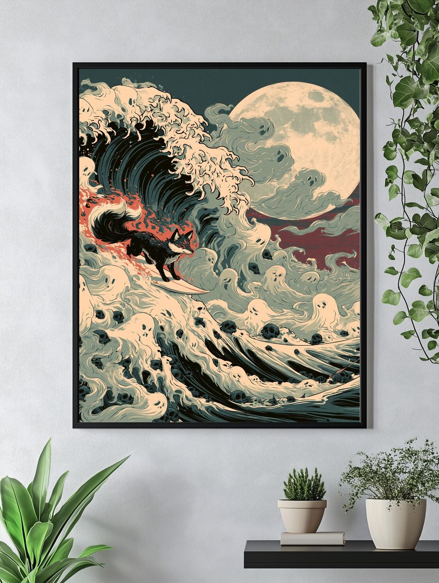 Fox Surfer Moonwave Illustration Poster. — room view 4