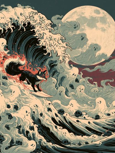 Fox Surfer Moonwave Illustration Poster. poster