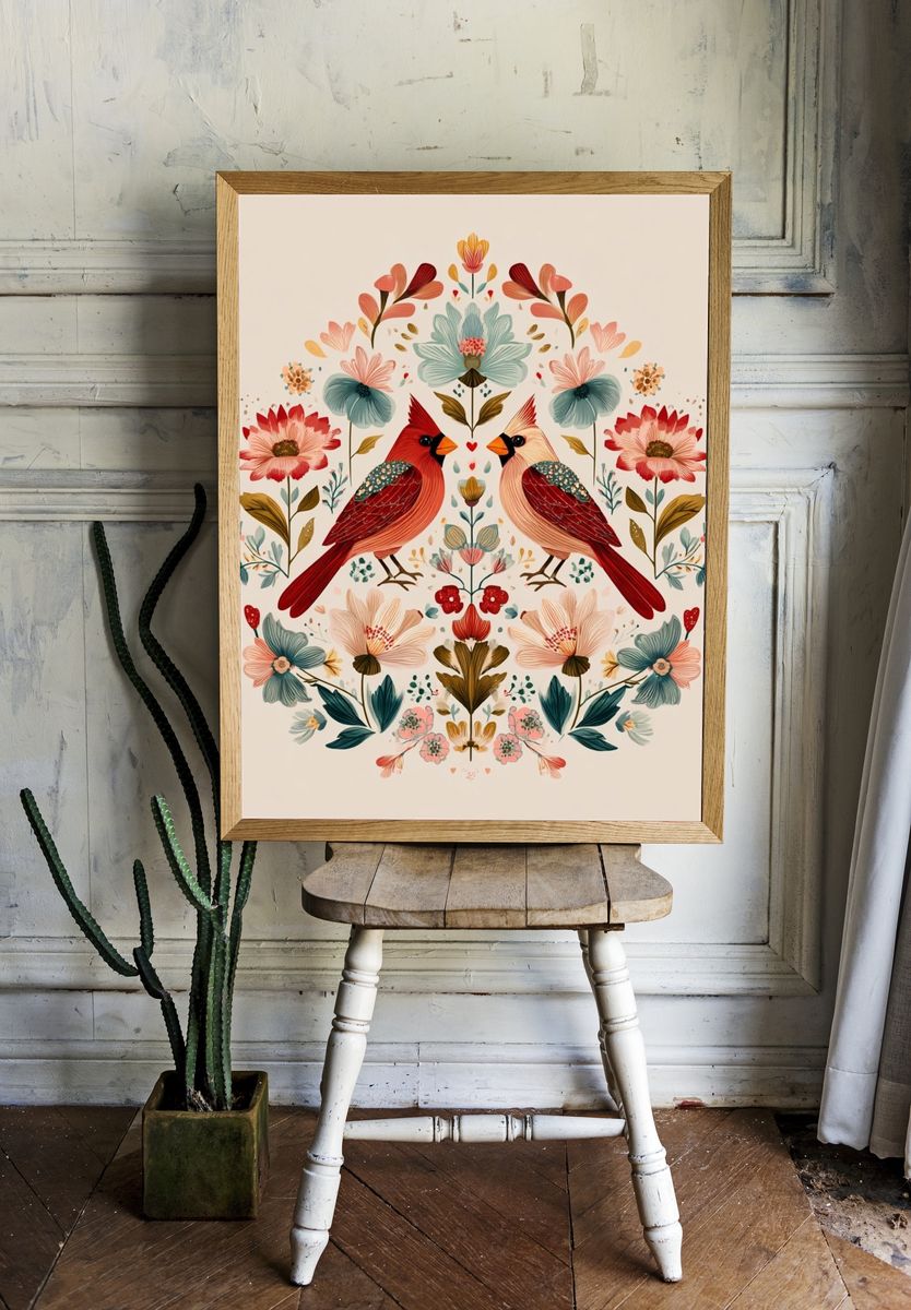 Cardinal Floral Symmetry Illustration Poster. — room view 1