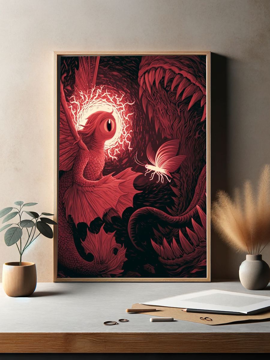Crimson Dragon and Moth Illustration Poster. — room view 2