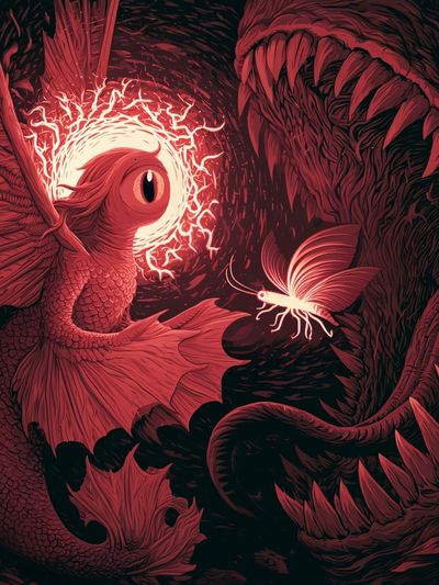 Crimson Dragon and Moth Illustration Poster. poster