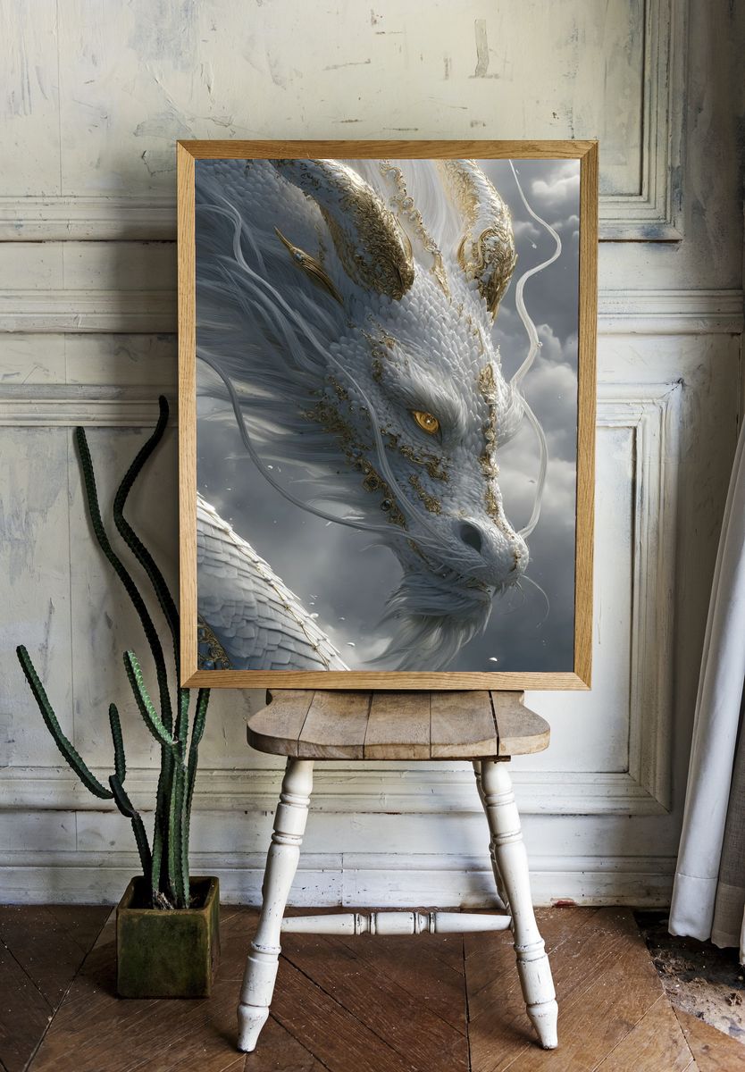 Celestial White Dragon Illustration Poster. room preview