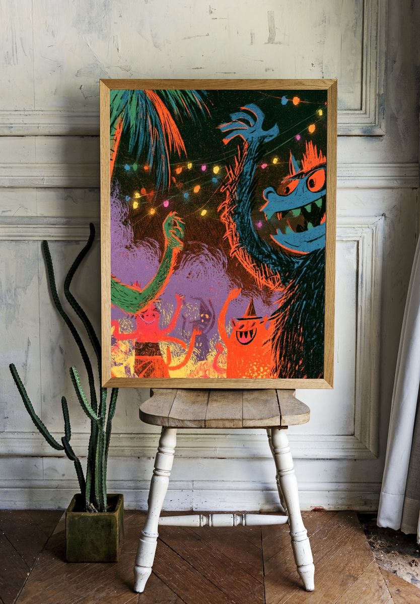 Monster Party Night Illustration Poster. — room view 1