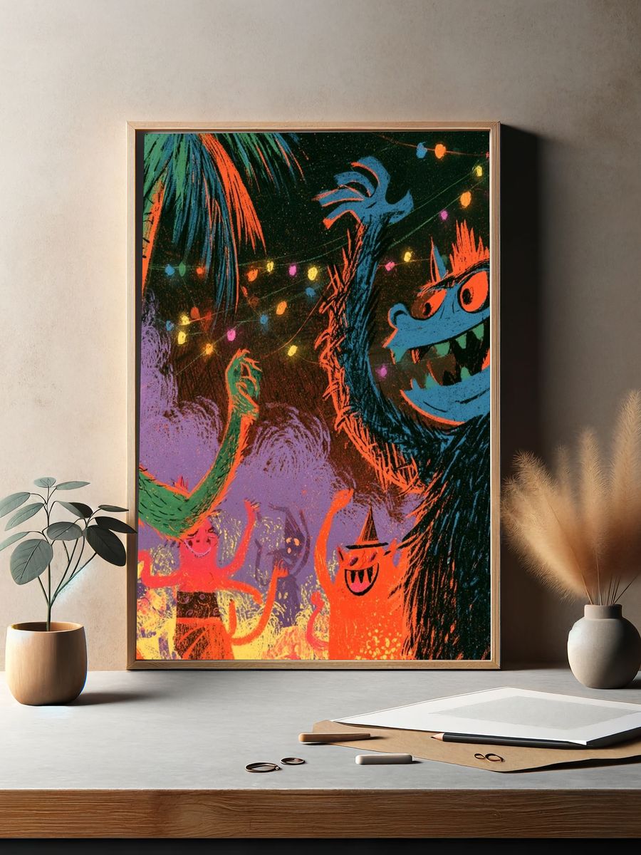 Monster Party Night Illustration Poster. — room view 2