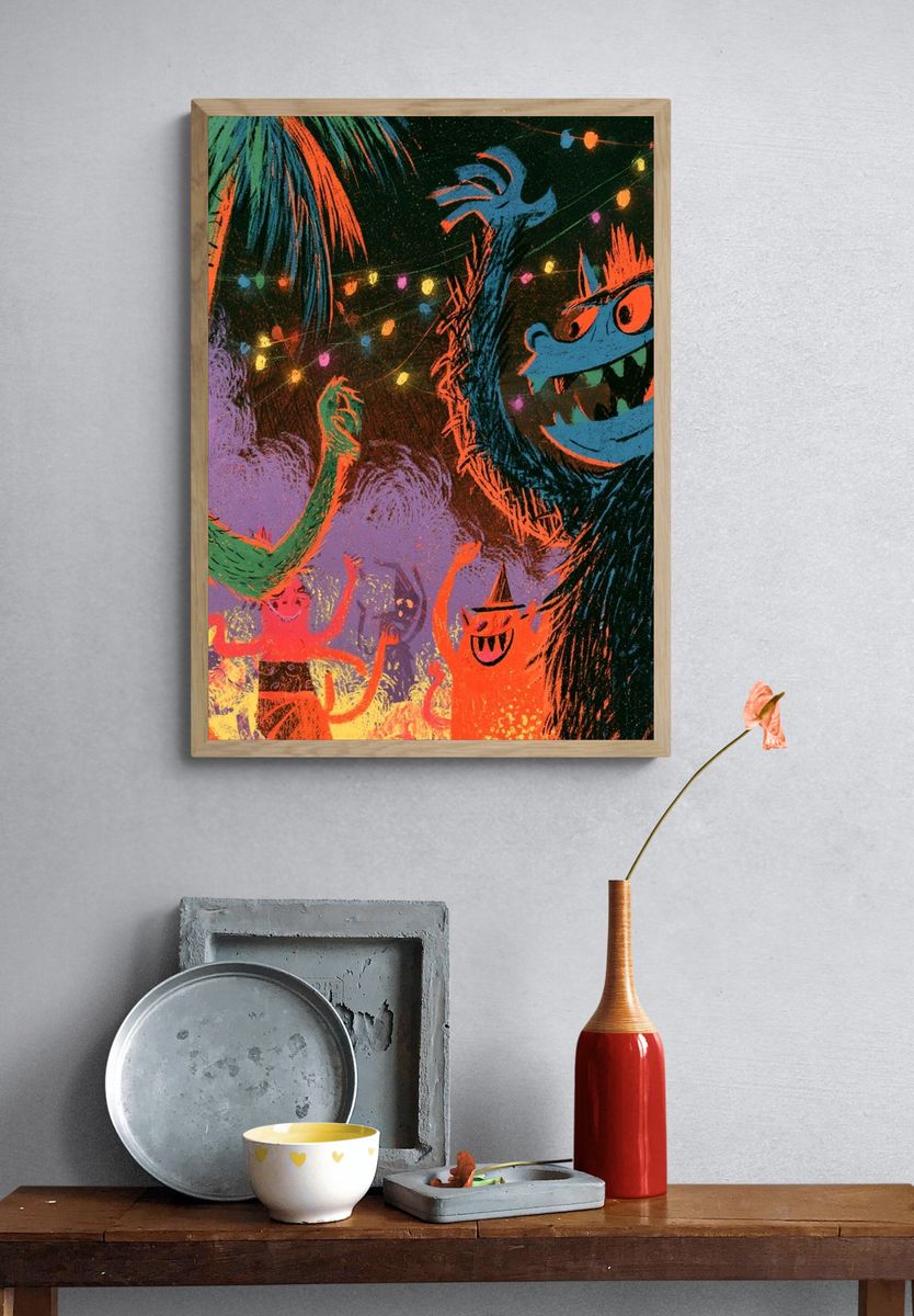 Monster Party Night Illustration Poster. — room view 3