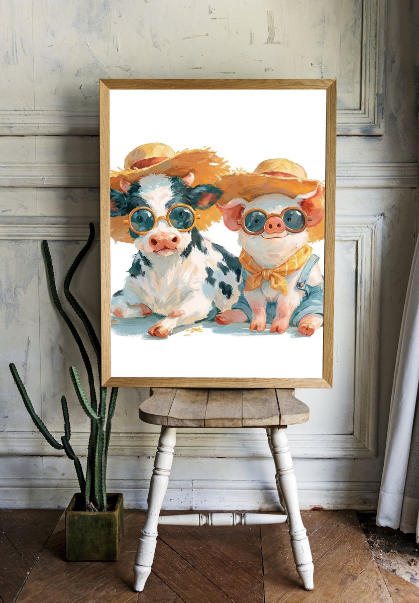 Cow and Pig Friends Illustration Poster. — room view 1