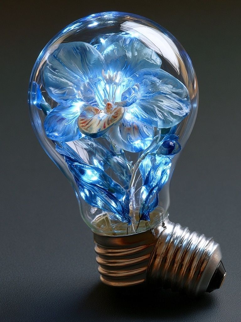 Blue Floral Lightbulb Illustration Poster. poster detail
