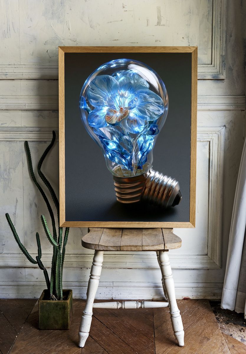 Blue Floral Lightbulb Illustration Poster. room preview