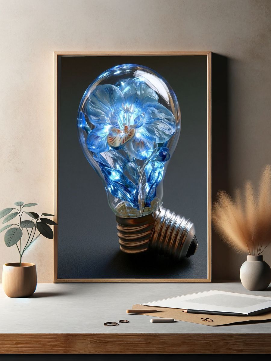 Blue Floral Lightbulb Illustration Poster. — room view 2