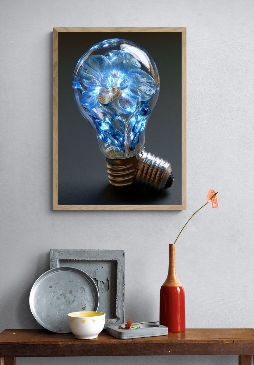 Blue Floral Lightbulb Illustration Poster. — room view 3