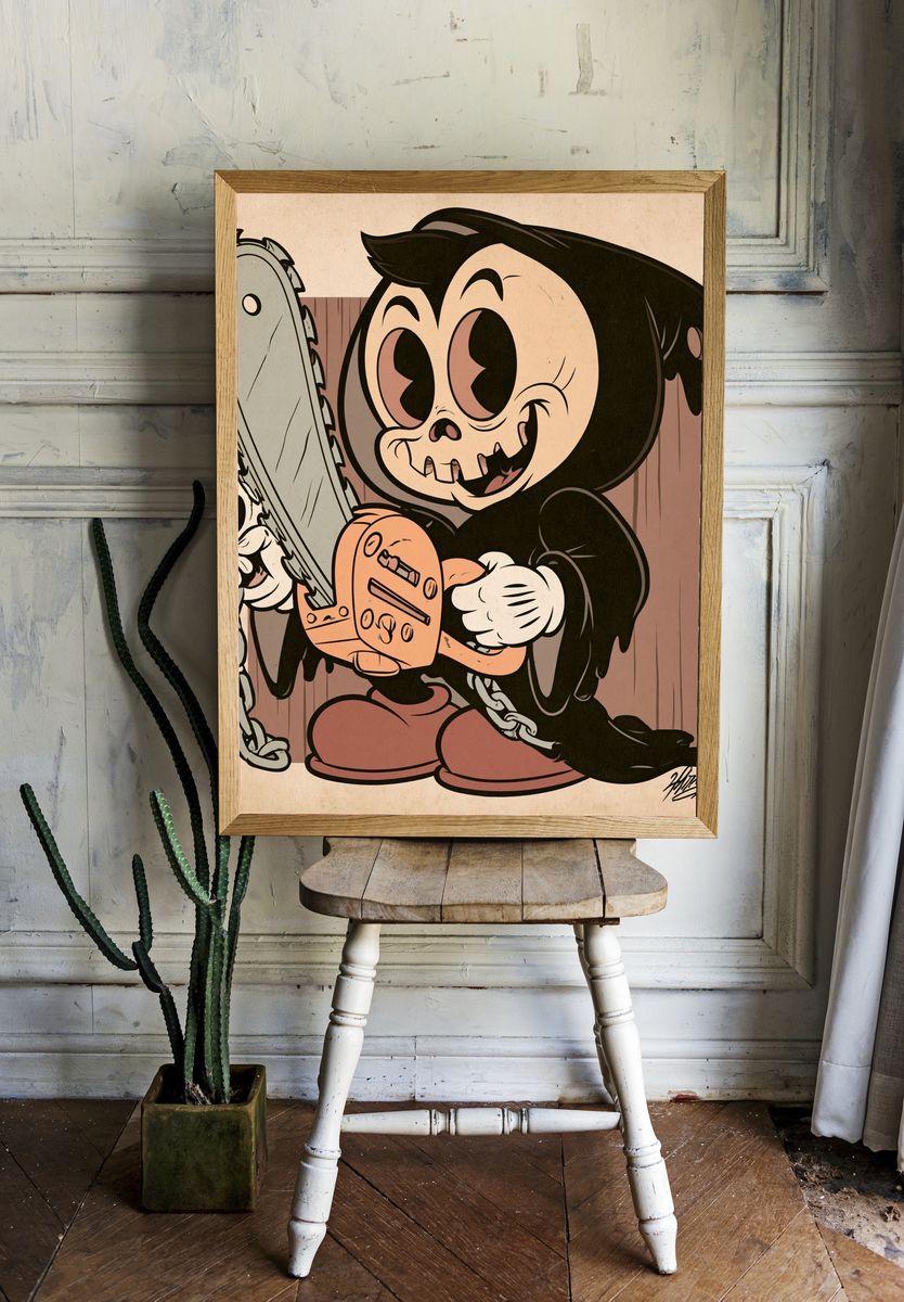 Chainsaw Cartoon Horror Print. room preview