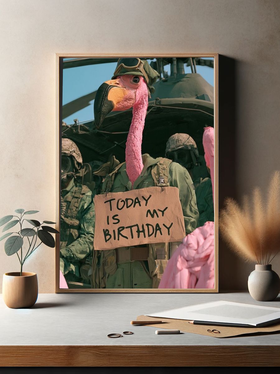 Flamingo Birthday Soldier Illustration Poster. — room view 2