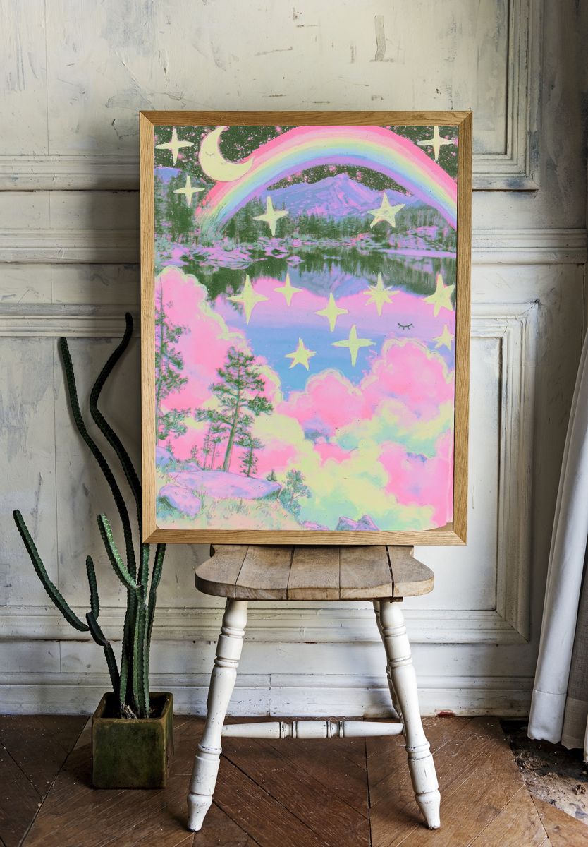 Pastel Rainbow Mountain Print. room preview
