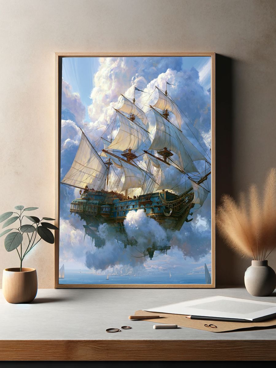 Skyborne Sailing Ship Fantasy Print. — room view 2