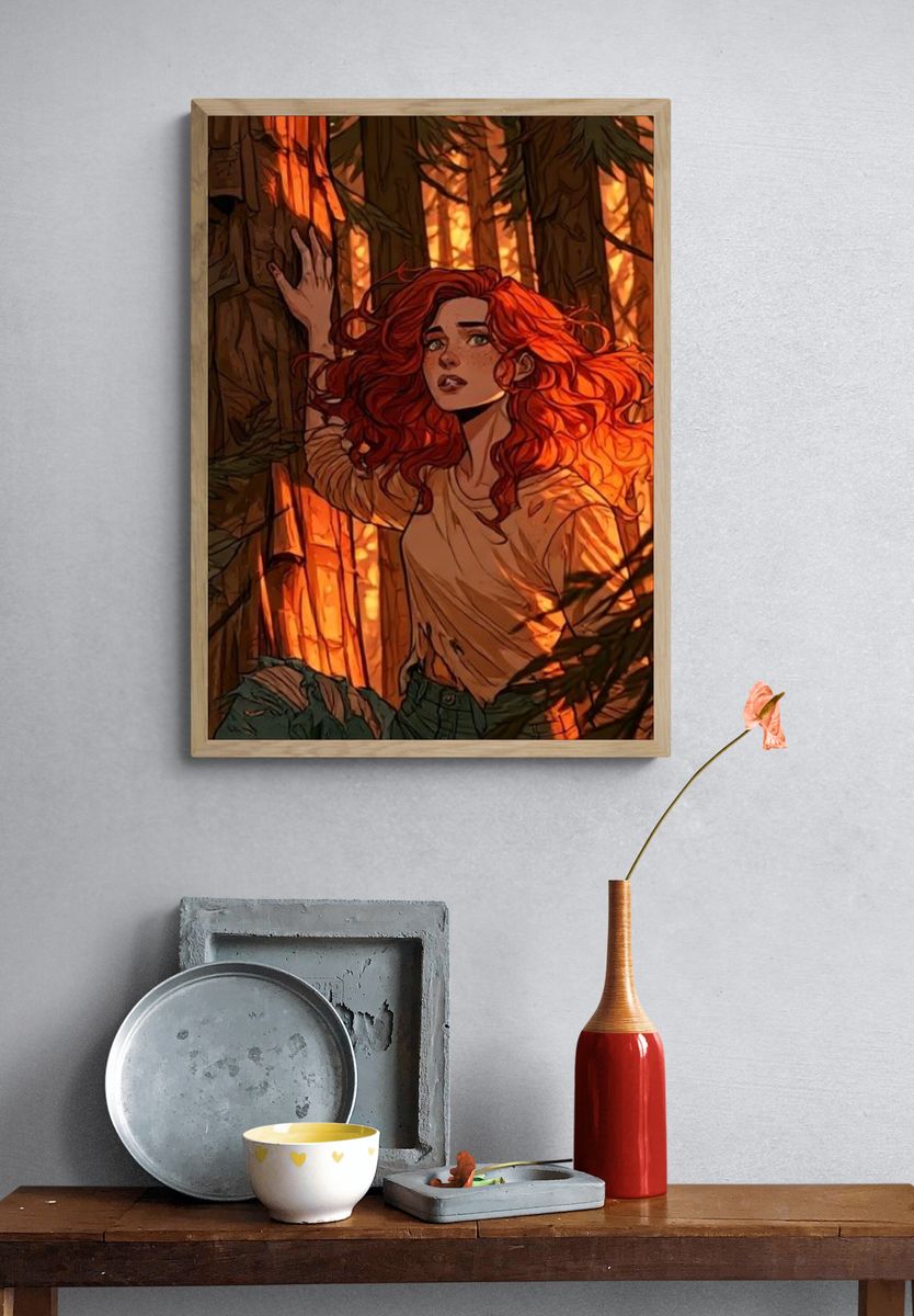Red-Haired Forest Escape Illustration Poster. — room view 3