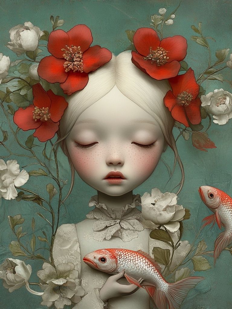 Dreaming Girl with Koi Illustration Poster. poster — illustration art