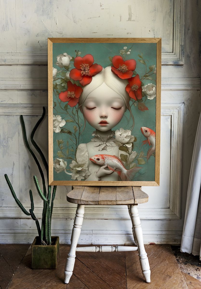 Dreaming Girl with Koi Illustration Poster. — room view 1