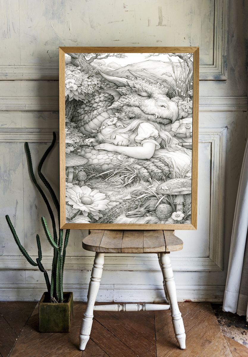 Sleeping Dragon Fantasy Illustration Poster. — room view 1
