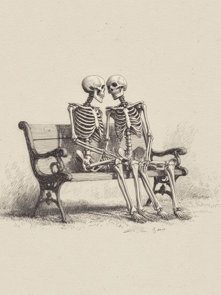 Skeleton Couple Bench Illustration Print. poster — illustration art
