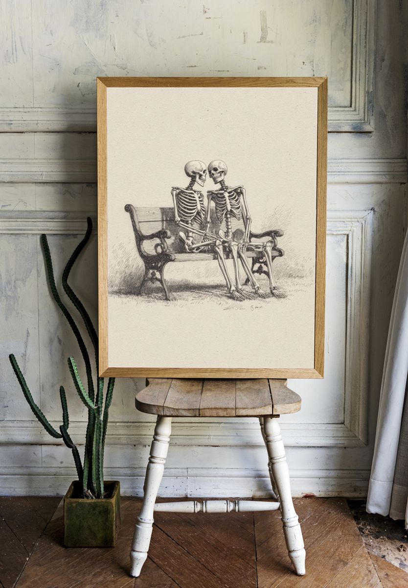 Skeleton Couple Bench Illustration Print room preview