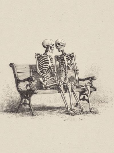 Skeleton Couple Bench Illustration Print. poster print