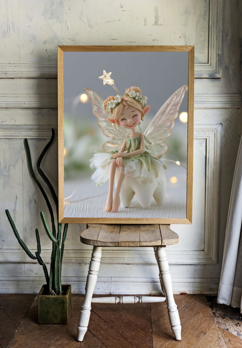 Smiling Fairy Figurine Illustration Print. — room view 1