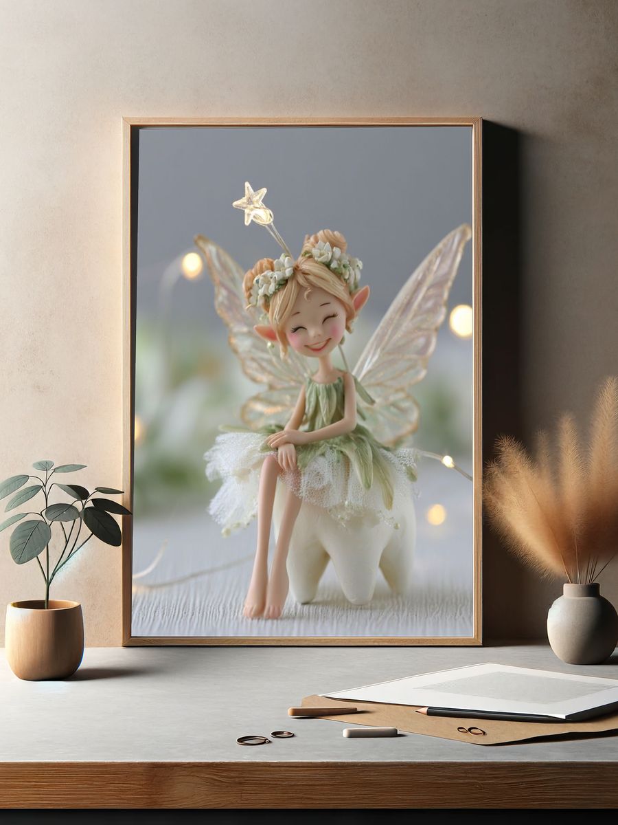 Smiling Fairy Figurine Illustration Print. — room view 2