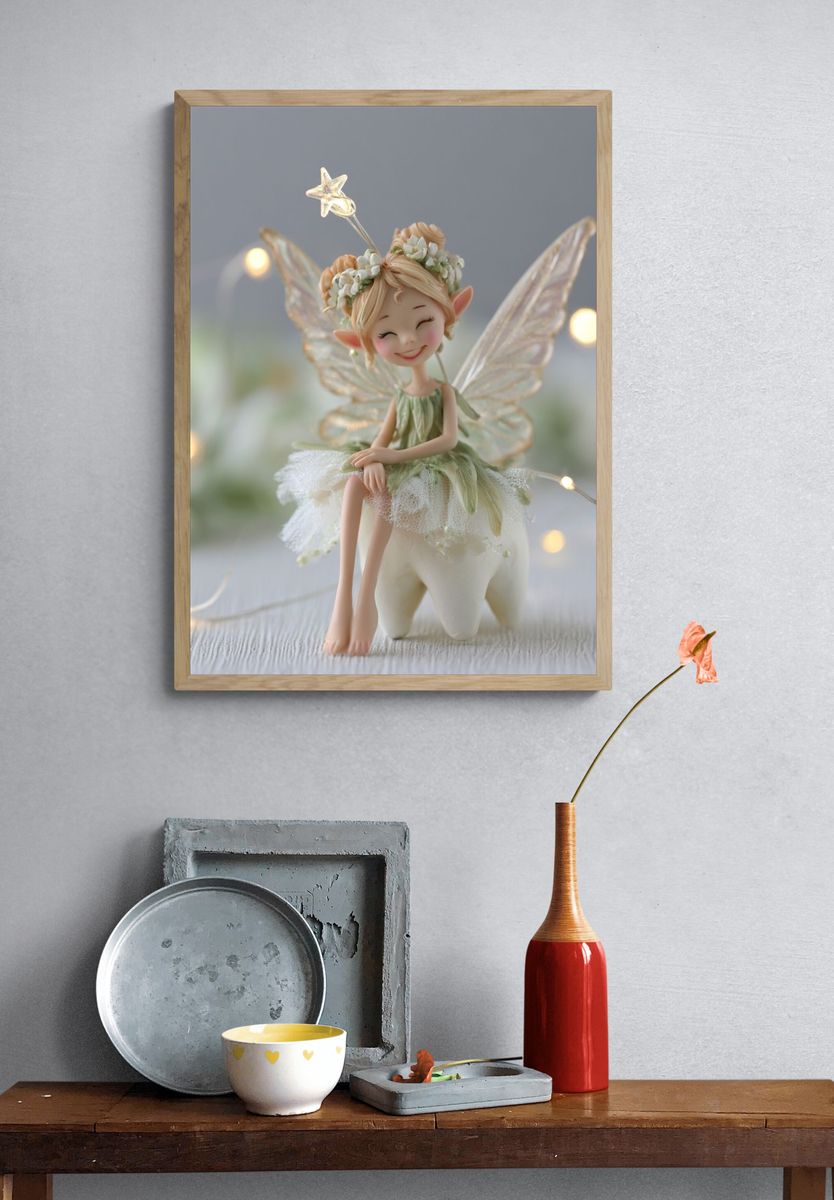 Smiling Fairy Figurine Illustration Print. — room view 3