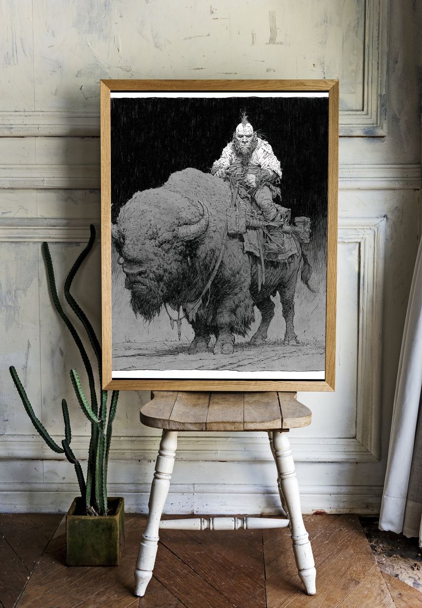 Bison Rider Ink Print. room preview